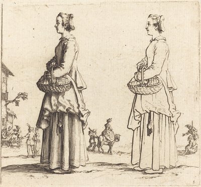 Talonpoikanainen kori kanssa, profiilissa, kasvot vasemmalle, 1617 ja 1621. tekijältä Jacques Callot