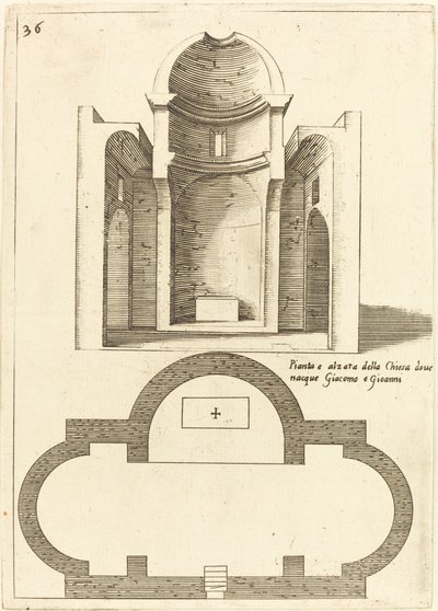 Pyhien Jaakobin ja Johanneksen kirkon suunnitelma ja korotus, 1619. tekijältä Jacques Callot