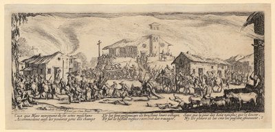Kylän ryöstö ja polttaminen, lehti 7 sarjasta "Sodan kauhut" tekijältä Jacques Callot