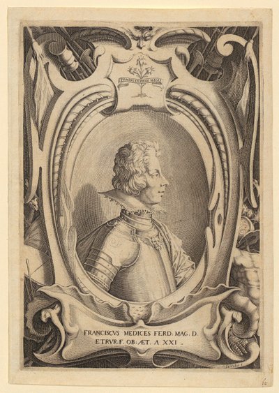 Francesco de’ Medicin muotokuva, sarjan ”Francesco de’ Medicin hautajaisten yhteydessä tehdyt kuparipiirrokset” 2. arkki tekijältä Jacques Callot