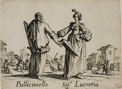 Pulliciniello - Signora Lucretia, laatta 9 teoksesta Balli di Sfessania (Balli di Sfessania) tekijältä Jacques Callot