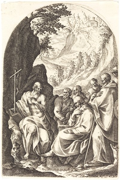 Pyhä Hieronymus opastamassa opetuslapsiaan autiomaassa, 16081611. tekijältä Jacques Callot
