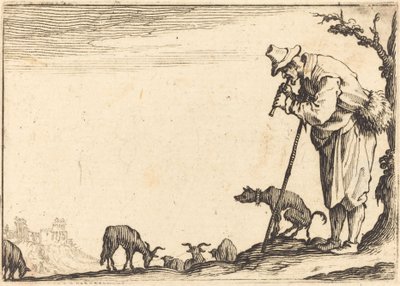 Paimen, joka soittaa huilua, n. 1617. tekijältä Jacques Callot