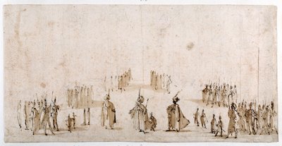 Luonnos hahmoryhmien lavastusta varten "Il Solimanossa" (kynä ja ruskea muste ruskealla pesulla punaisen liidun päällä) tekijältä Jacques Callot