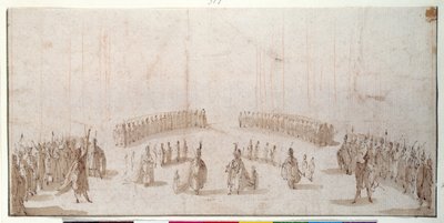 Luonnos hahmoryhmien lavastusta varten "Il Solimanossa" (kynä ja ruskea muste ruskealla pesulla punaisella liidulla) tekijältä Jacques Callot