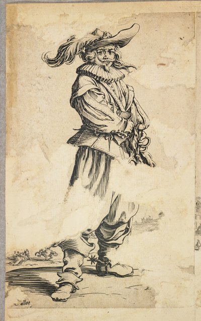 Sotilas, jolla on höyhenhattu, La Noblesse de Lorrainesta (verso), n. 1620-23 tekijältä Jacques Callot