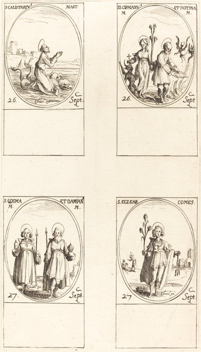 St. Calistratus; Sts. Cyprian ja Justina; Sts. Comus ja Damian; St. Elzear, kreivi tekijältä Jacques Callot