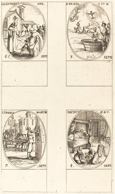 St. Eleutherius, apotti; St. Regina; St. John; Neitsyen syntymä tekijältä Jacques Callot