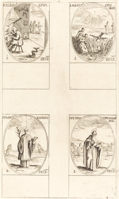 St. Eligius; St. Agericus; Pyhä Franciscus Xavier; Pyhä Pietari Chrysologus tekijältä Jacques Callot