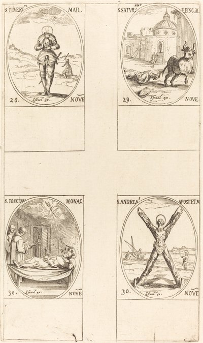 St. Liverius; Pyhä Saturninus; St. T(I?)oscion; Pyhä Andreas tekijältä Jacques Callot