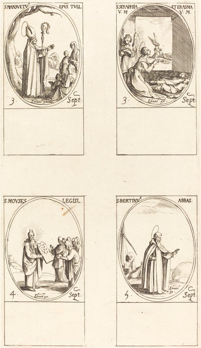 St. Louis Mansuetus; Sts. Serapia ja Erasmus; Mooses; St. Louis Bertin, apotti tekijältä Jacques Callot