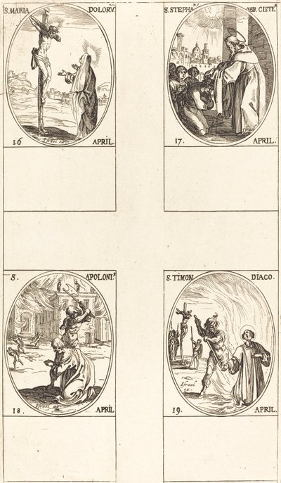 St. Maria Doloru; St. Stephen, apotti; St. Apollo; St. pyörä tekijältä Jacques Callot