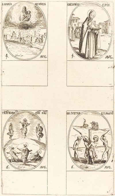 St. Mary of Snow; Pyhä Memmius, piispa; Kirkastus; Sts. Justus ja pastori tekijältä Jacques Callot