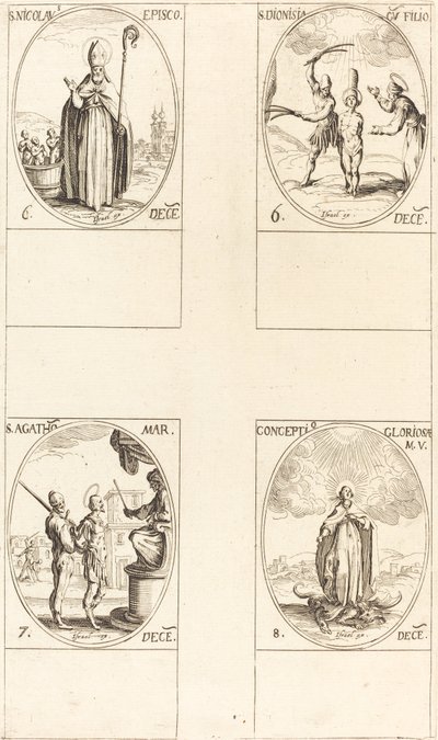 Pyhä Nikolaus; St. Dionisia ja poika; St. Agatha; Neitsyen käsitys tekijältä Jacques Callot