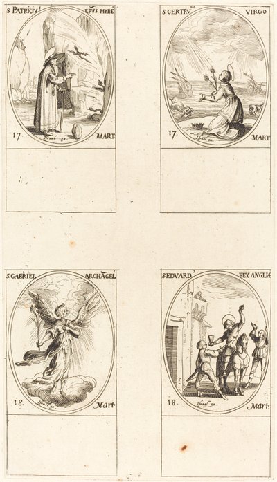 Pyhä Patrick; St. Gertrude; Pyhä Gabriel, arkkienkeli; Pyhä Edward tekijältä Jacques Callot