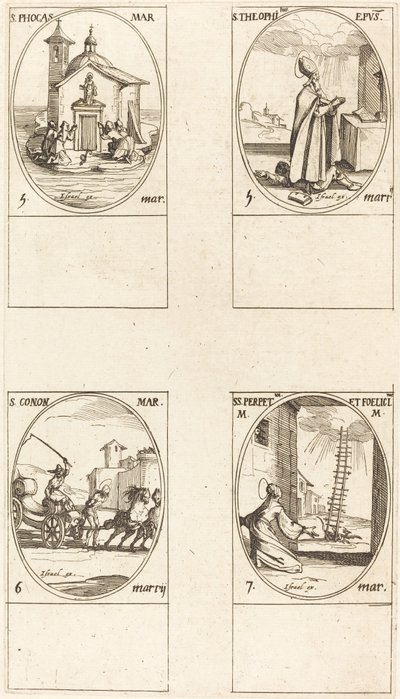 St. Phocas; St. Theophilus; St. Conon; Pyhät Perpetua ja Felicity tekijältä Jacques Callot