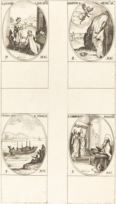 Pyhä Stanislaus; Pyhän Mikaelin ilmestys; Pyhän Nikolauksen käännös; St. G tekijältä Jacques Callot