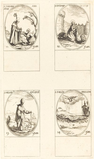 Pyhä Theodosius; St. Tatiana; St. Hilary; Pyhä Felix tekijältä Jacques Callot