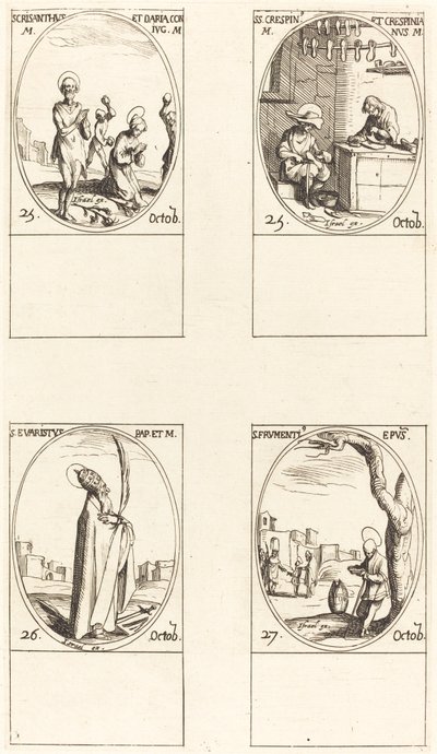 Sts. Chrysanthus ja Daria, Sts. Crispin ja Crispinianus, St. Evaristus, St. Frumentius. tekijältä Jacques Callot