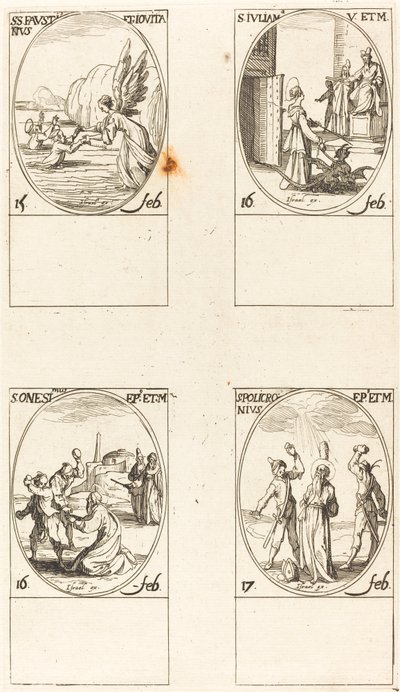 Pyhät Faustinus ja Jovita; St. Juliana; St. Meillä on yksi; St. Polychronius tekijältä Jacques Callot