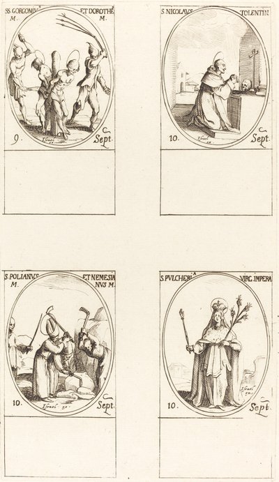 Pyhät Gorgonius ja Dorothy, St. Nikolaus Tolentinolainen, St. Polianus & Nemesian, St. Pul. tekijältä Jacques Callot