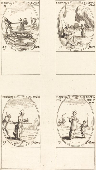 Sts. Joona ja Barachisius; St. Louis John Climacus, apotti; St. Louis Benjamin; Sts. Quirinus & Bal tekijältä Jacques Callot