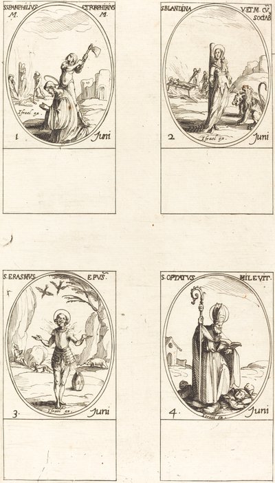 Pyhät Pamphilius ja Porfyrius; St. Blandine ja seuralaiset; St. Erasmus; St. toivonut tekijältä Jacques Callot