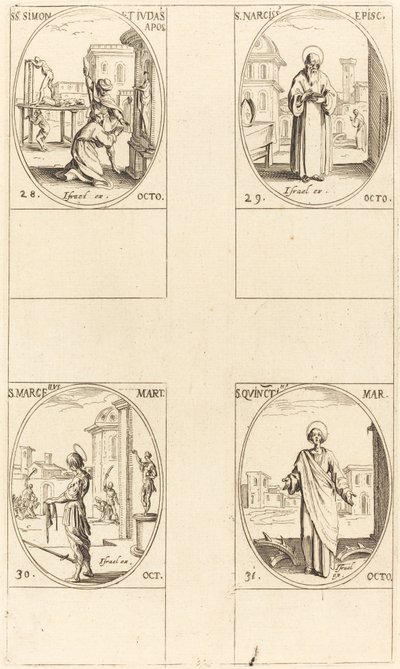 Sts. Simon ja Juudas, apostolit; St. Narcissus; St. Marcellus; St. Quintin tekijältä Jacques Callot