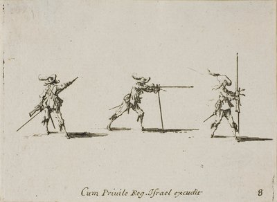 Ottaa ampuma-asennon musketin kanssa, levy kahdeksan sotilasharjoituksista tekijältä Jacques Callot