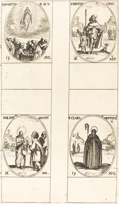 Neitsyt taivaaseen, St. Roch, Salvator Mundi, St. Clare of Monte Falco. tekijältä Jacques Callot