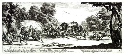 The Attack on the Stagecoach, levy 8 teoksesta "The Miseries and Fortunes of War", kaiverrus Israel Henriet (n. 1590-1661) 1633 tekijältä Jacques Callot