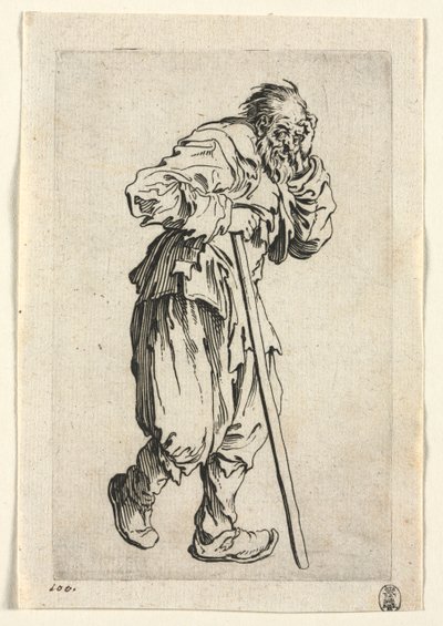 Kerjäläiset: Keppiin nojaava kerjäläinen tekijältä Jacques Callot