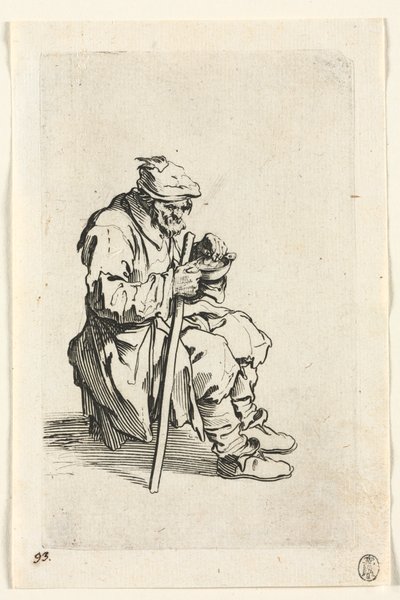 Kerjäläiset: Kerjäläinen istuu ja syö, c. 1623. tekijältä Jacques Callot