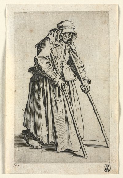 Kerjäläiset: Kerjäläinen kainalosauvoilla, c. 1623. tekijältä Jacques Callot