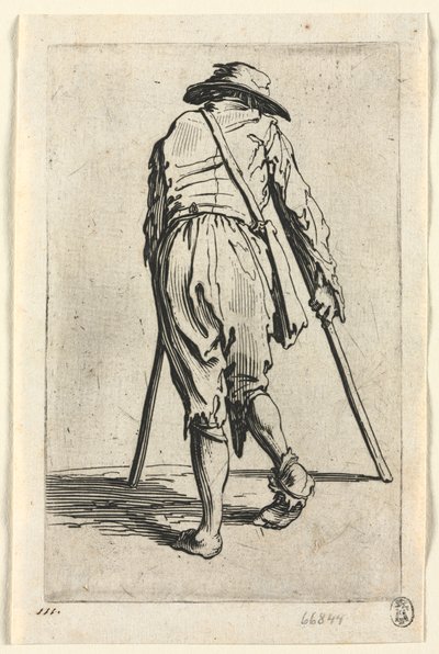 Kerjäläiset: Kerjäläinen kainalosauvoilla, hattu päällään tekijältä Jacques Callot