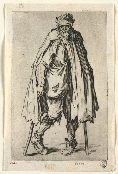 The Beggars: Kerjäläinen kainalosauvoilla ja pussi tekijältä Jacques Callot