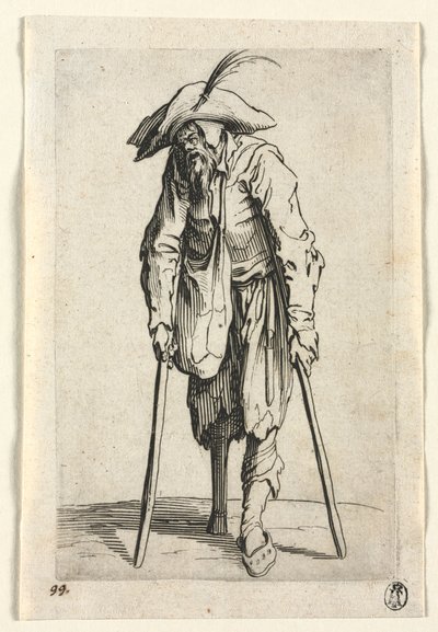 Kerjäläiset: Puujalkainen kerjäläinen, c. 1623. tekijältä Jacques Callot