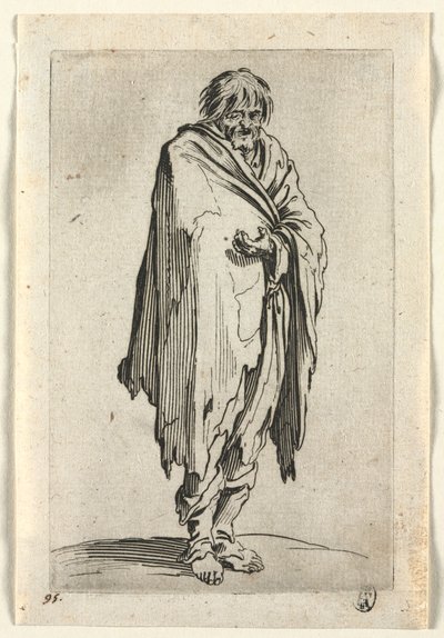 Kerjäläiset: Kerjäläinen ilman hattua tai kenkiä, c. 1623. tekijältä Jacques Callot