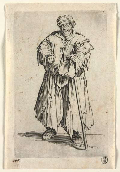Kerjäläiset: Lihava kerjäläinen, jolla on matalat silmät, c. 1623. tekijältä Jacques Callot