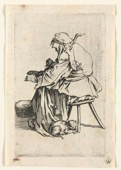 Kerjäläiset: Vanha nainen ja kissat, n. 1623. tekijältä Jacques Callot