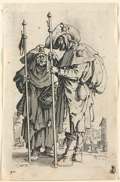 Kerjäläiset: Kaksi pyhiinvaeltajaa, n. 1623. tekijältä Jacques Callot