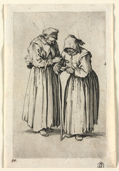 Kerjäläiset: Kaksi kerjäläistä naista, n. 1623. tekijältä Jacques Callot