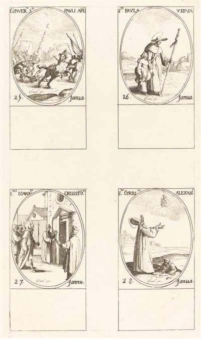 Saulin kääntymys; Pyhä Paavali; St. John Chrysostomos; Pyhä Kyrillus Aleksandrialainen tekijältä Jacques Callot