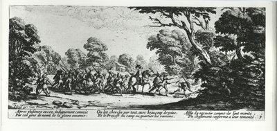 The Discovery of the Brigands, levy 9 teoksesta "The Miseries and Fortunes of War", kaiverrus Israel Henriet (n. 1590-1661) 1633 tekijältä Jacques Callot