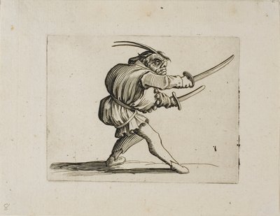 Kaksintaistelija kahdella miekalla, Varie Figure Gobbi tekijältä Jacques Callot
