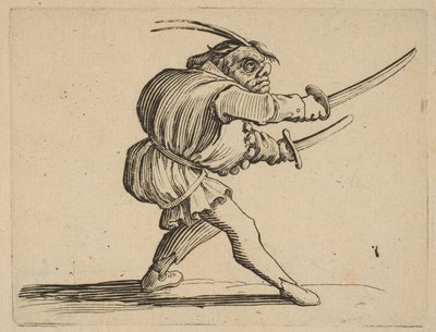 Duelliste aux Deux Sabres Kaksintaistelija kahdella sapelilla, Varie Figure Gobbi, s..., 1616-22. tekijältä Jacques Callot