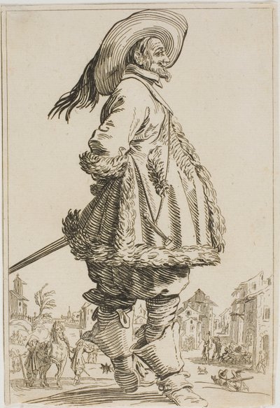 Herrasmies turkisviipaleessa kädet selän takana, sarjasta The Nobility of Lorraine tekijältä Jacques Callot