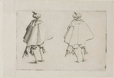 The Capricesin herrasmies, jolla on suuri takki, takaa katsottuna tekijältä Jacques Callot