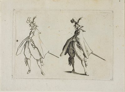 The Capricesin herrasmies, jolla on suuri takki, edestä katsottuna tekijältä Jacques Callot