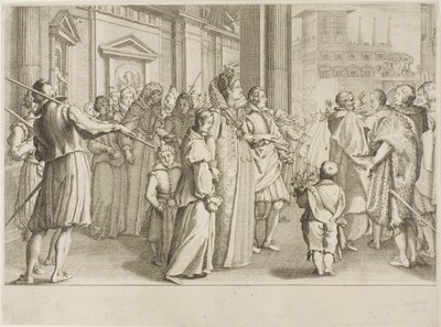 Suurherttuatar Christine of Lorraine saattaa kirkon nuorille, joita hän ottaa suojeluksensa tekijältä Jacques Callot